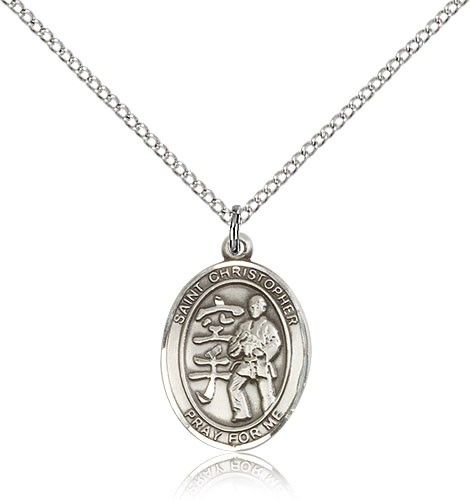 St Christopher Karate Medal, Sterling Silver, Medium - 18" 1.2mm Sterling Silver Chain + Clasp