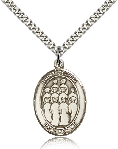 St. Cecilia Choir Medal, Sterling Silver, Large - 24" 2.4mm Rhodium Plate Chain + Clasp