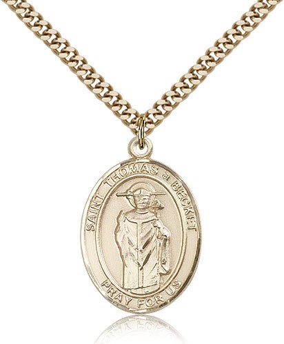 St. Thomas A Becket Medal, Gold Filled, Large - 24" 2.4mm Gold Plated Chain + Clasp