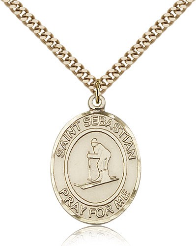 St. Sebastian Skiing Medal, Gold Filled, Large - 24" 2.4mm Gold Plated Chain + Clasp
