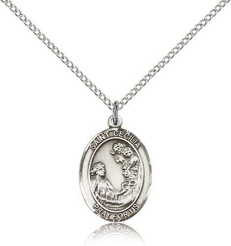 St. Cecilia Medal, Sterling Silver, Medium - 18" 1.2mm Sterling Silver Chain + Clasp