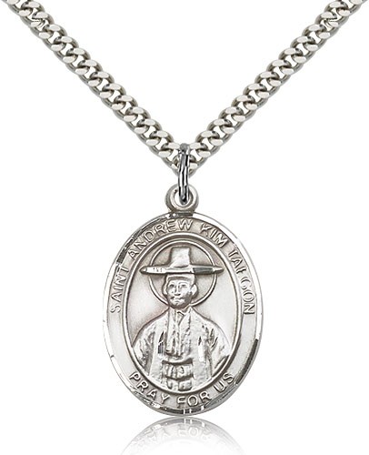 St. Andrew Kim Taegon Medal, Sterling Silver, Large - 24" 2.4mm Rhodium Plate Chain + Clasp