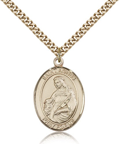 St. Agnes of Rome Medal, Gold Filled, Large - 24" 2.4mm Gold Plated Chain + Clasp