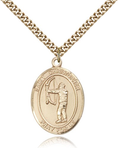 St. Christopher Archery Medal, Gold Filled, Large - 24" 2.4mm Gold Plated Chain + Clasp