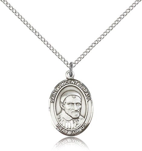 St. Vincent De Paul Medal, Sterling Silver, Medium - 18" 1.2mm Sterling Silver Chain + Clasp