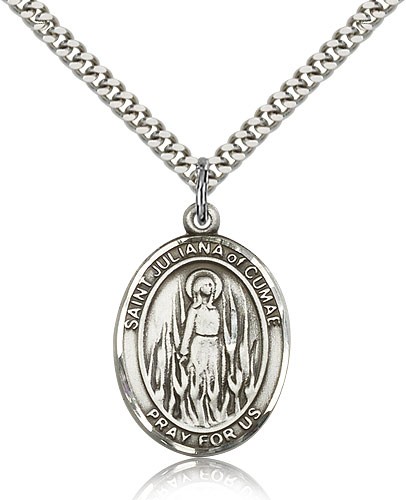 St. Juliana Medal, Sterling Silver, Large - 24" 2.4mm Rhodium Plate Chain + Clasp