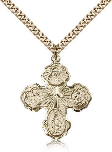 5 Way Cross Pendant, Gold Filled - 24" 2.4mm Gold Plated Endless Chain