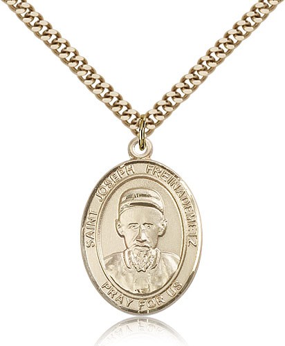 St. Joseph Freinademetz Medal, Sterling Silver, Large - 24" 2.4mm Gold Plated Chain + Clasp