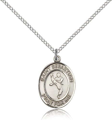 St. Sebastian Martial Arts Medal, Sterling Silver, Medium - 18" 1.2mm Sterling Silver Chain + Clasp