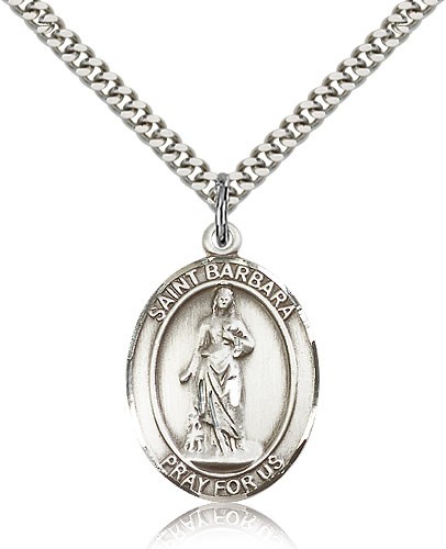 St. Barbara Medal, Sterling Silver, Large - 24" 2.4mm Rhodium Plate Chain + Clasp