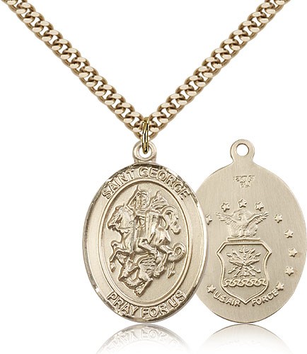 St. George Air Force Medal, Gold Filled, Large - 24" 2.4mm Gold Plated Chain + Clasp