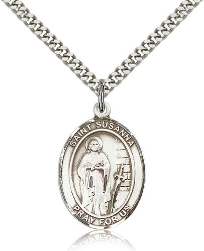 St. Susanna Medal, Sterling Silver, Large - 24" 2.4mm Rhodium Plate Chain + Clasp