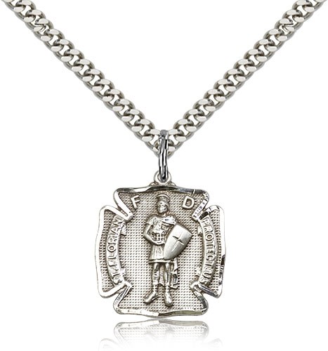 St. Florian Medal, Sterling Silver - 24" 2.4mm Rhodium Plate Endless Chain