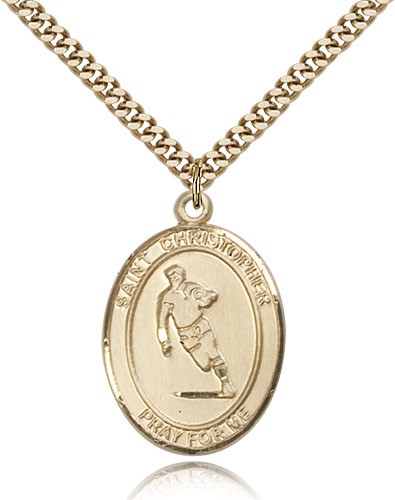 St. Christopher Rugby Medal, Gold Filled, Large - 24" 2.4mm Gold Plated Chain + Clasp