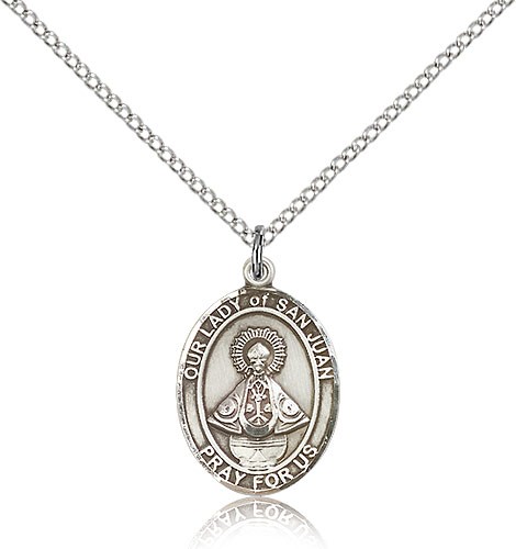 Our Lady of San Juan Medal, Sterling Silver, Medium - 18" 1.2mm Sterling Silver Chain + Clasp