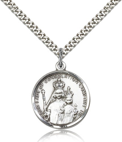 Our Lady of Consolation Medal, Sterling Silver - 24" 2.4mm Rhodium Plate Endless Chain