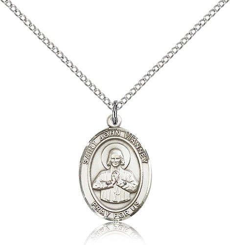 St. John Vianney Medal, Sterling Silver, Medium - 18" 1.2mm Sterling Silver Chain + Clasp