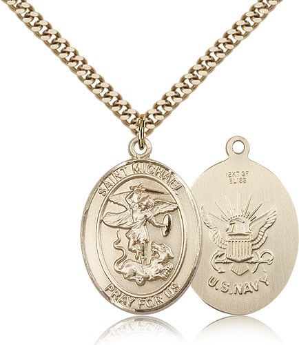 St. Michael Navy Medal, Gold Filled, Large - 24" 2.4mm Gold Plated Chain + Clasp
