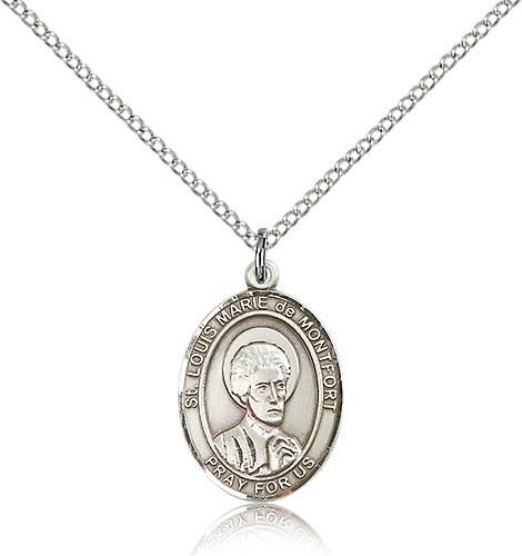 St. Louis Marie De Montfort Medal, Sterling Silver, Medium - 18" 1.2mm Sterling Silver Chain + Clasp