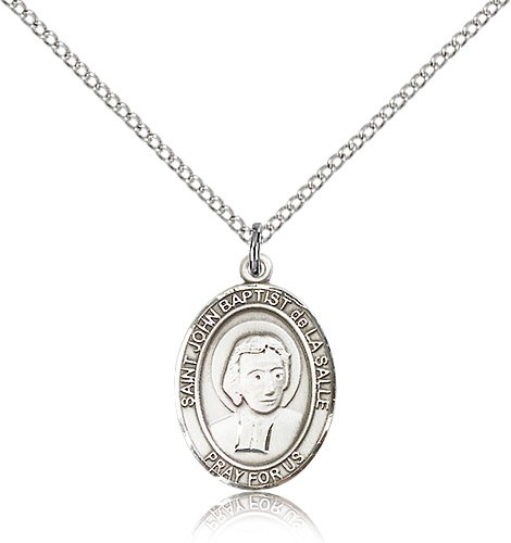 St. John Baptist De La Salle Medal, Sterling Silver, Medium - 18" 1.2mm Sterling Silver Chain + Clasp