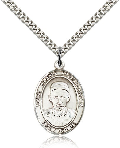 St. Joseph Freinademetz Medal, Sterling Silver, Large - 24" 2.4mm Rhodium Plate Chain + Clasp