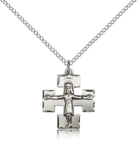 Modern Crucifix Pendant, Sterling Silver - 18" 1.2mm Sterling Silver Chain + Clasp