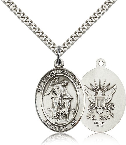 Guardian Angel Navy Medal, Sterling Silver, Large - 24" 2.4mm Rhodium Plate Chain + Clasp