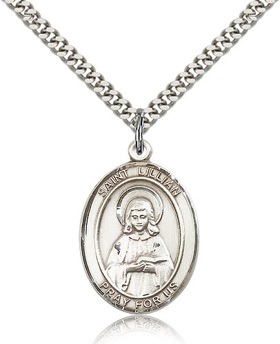 St. Lillian Medal, Sterling Silver, Large - 24" 2.4mm Rhodium Plate Chain + Clasp
