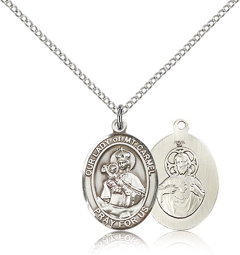 Our Lady of Mount Carmel Medal, Sterling Silver, Medium - 18" 1.2mm Sterling Silver Chain + Clasp