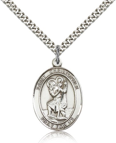 St. Christopher Medal, Sterling Silver, Large - 24" 2.4mm Rhodium Plate Chain + Clasp