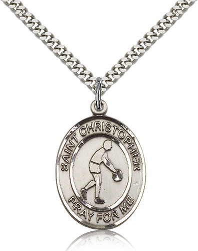 St. Christopher Basketball Medal, Sterling Silver, Large - 24" 2.4mm Rhodium Plate Chain + Clasp