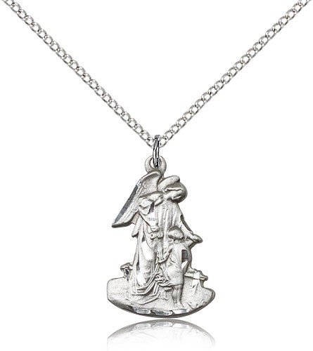 Guardian Angel Medal, Sterling Silver - 18" 1.2mm Sterling Silver Chain + Clasp