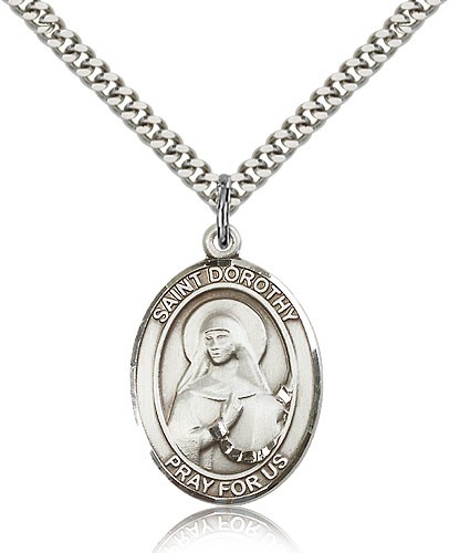 St. Dorothy Medal, Sterling Silver, Large - 24" 2.4mm Rhodium Plate Chain + Clasp