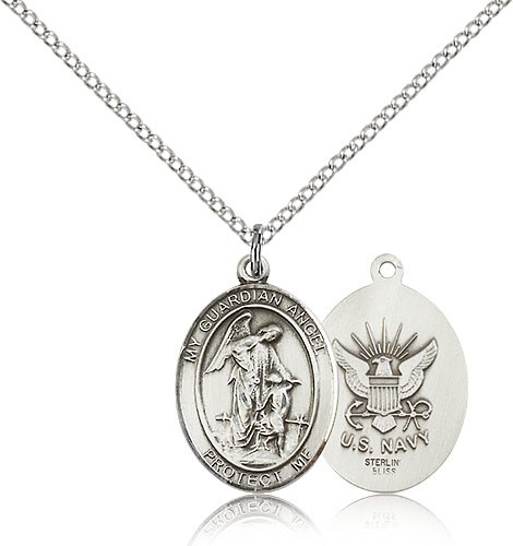 Guardian Angel Navy Medal, Sterling Silver, Medium - 18" 1.2mm Sterling Silver Chain + Clasp