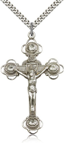 Crucifix Pendant, Sterling Silver - 24" 2.4mm Rhodium Plate Endless Chain