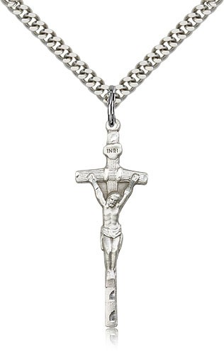 Papal Crucifix Pendant, Sterling Silver - 24" 2.4mm Rhodium Plate Endless Chain