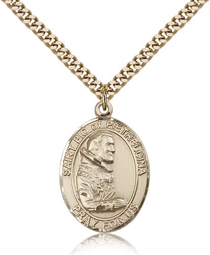 St. Pio of Pietrelcina Medal, Gold Filled, Large - 24" 2.4mm Gold Plated Chain + Clasp