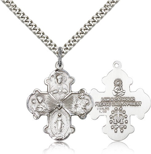 4 Way Cross Pendant, Sterling Silver - 24" 2.4mm Rhodium Plate Endless Chain