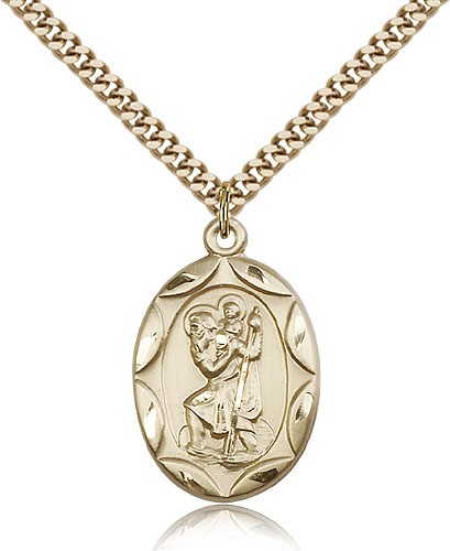 Men's Oval 14kt Gold Filled St. Christopher Medal - 24" 2.4mm Gold Plated Endless Chain