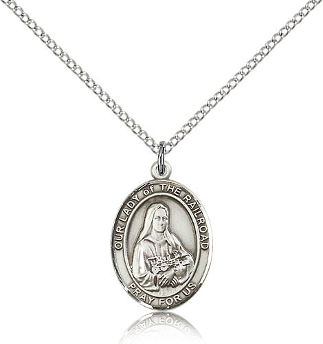 Our Lady of the Railroad Medal, Sterling Silver, Medium - 18" 1.2mm Sterling Silver Chain + Clasp