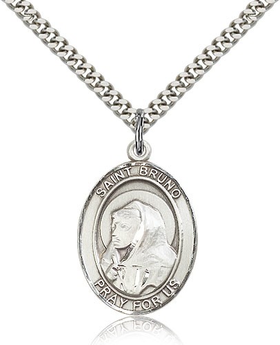 St. Bruno Medal, Sterling Silver, Large - 24" 2.4mm Rhodium Plate Chain + Clasp