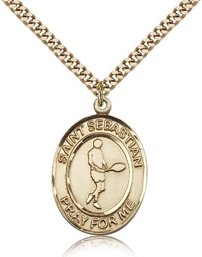 St. Sebastian Tennis Medal, Gold Filled, Large - 24" 2.4mm Gold Plated Chain + Clasp