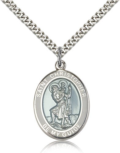 St. Christopher Medal with White Border, Sterling Silver, Large - 24" 2.4mm Rhodium Plate Chain + Clasp
