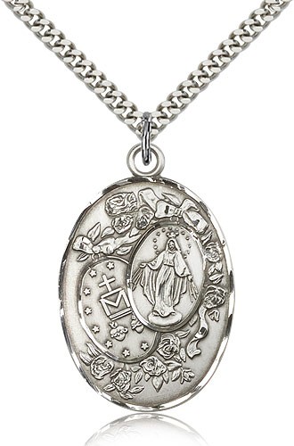 Miraculous Medal, Sterling Silver - 24" 2.4mm Rhodium Plate Endless Chain