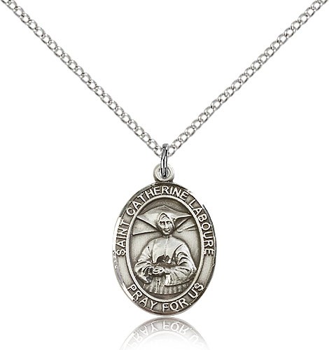 St. Catherine Laboure Medal, Sterling Silver, Medium - 18" 1.2mm Sterling Silver Chain + Clasp