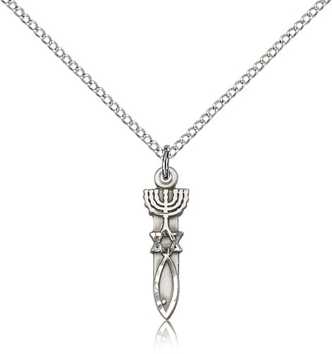 Menorah Star Fish Medal, Sterling Silver - 18" 1.2mm Sterling Silver Chain + Clasp