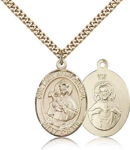 Our Lady of Mount Carmel Medal, Gold Filled, Large - 24" 2.4mm Gold Plated Chain + Clasp
