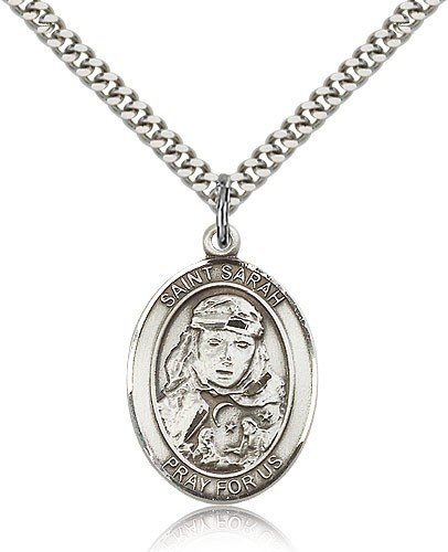 St. Sarah Medal, Sterling Silver, Large - 24" 2.4mm Rhodium Plate Chain + Clasp