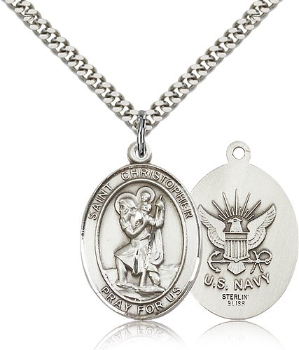 St. Christopher Navy Medal, Sterling Silver, Large - 24" 2.4mm Rhodium Plate Chain + Clasp
