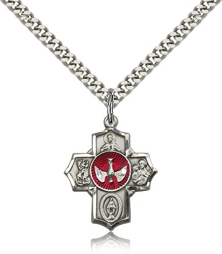 5 Way Cross Pendant, Sterling Silver - 24" 2.4mm Rhodium Plate Endless Chain